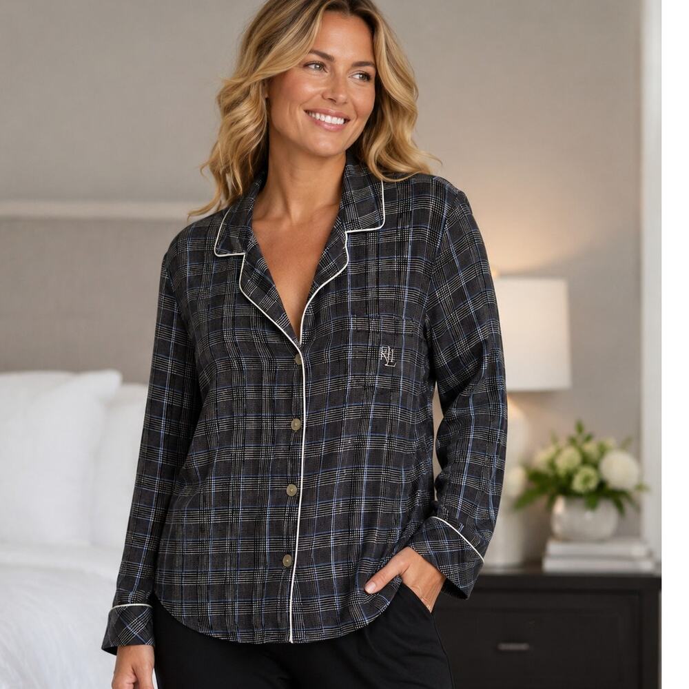 Lauren Ralph Lauren Lounge Top Womens Large Black Herringbone Plaid Pajama PJ